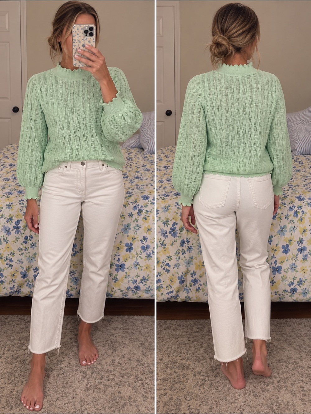 J. Crew Mint Green Open-Knit Sweater with Scalloped Trim